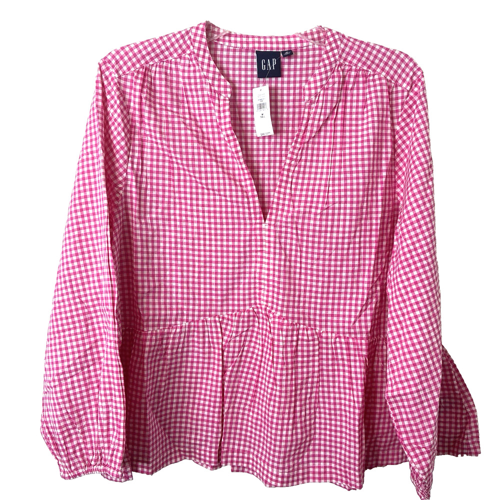 Gap NWT Women's 3/4 Sleeve Peplum Pink Gingham Blouse Size Medium Tall
